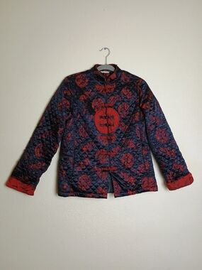 En Vogue Vintage Silk Size S Quilted Mandarin Collar Jacket in Navy and Red